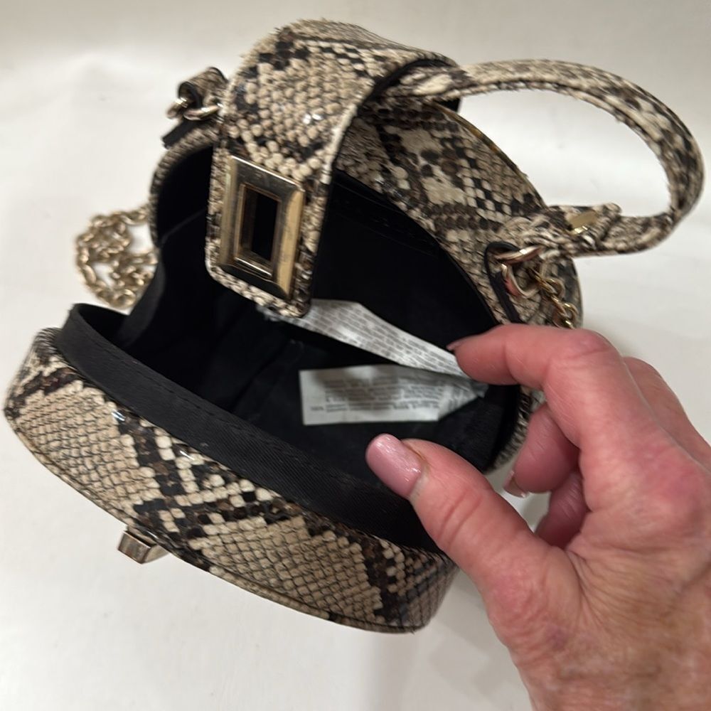 Zara Snakeskin Round Crossbody Bag Gold Chain & Handle Brown Beige Black Lined - Picture 12 of 17